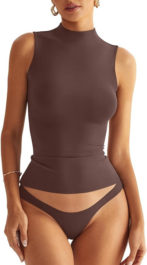 Women Sleeveless Mock Turtle Neck Tops Double Lined Fitted Tank Tops Basic T Shirts 2025 | Amazon (US)