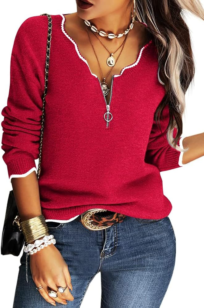 Hongqizo Women's V Neck Long Sleeve Sweater Half Zipper Knit Sweater Casual Cricket Stripe Jumper... | Amazon (US)