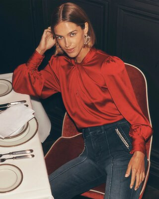 Long Sleeve Twisted Neck Satin Blouse | White House Black Market