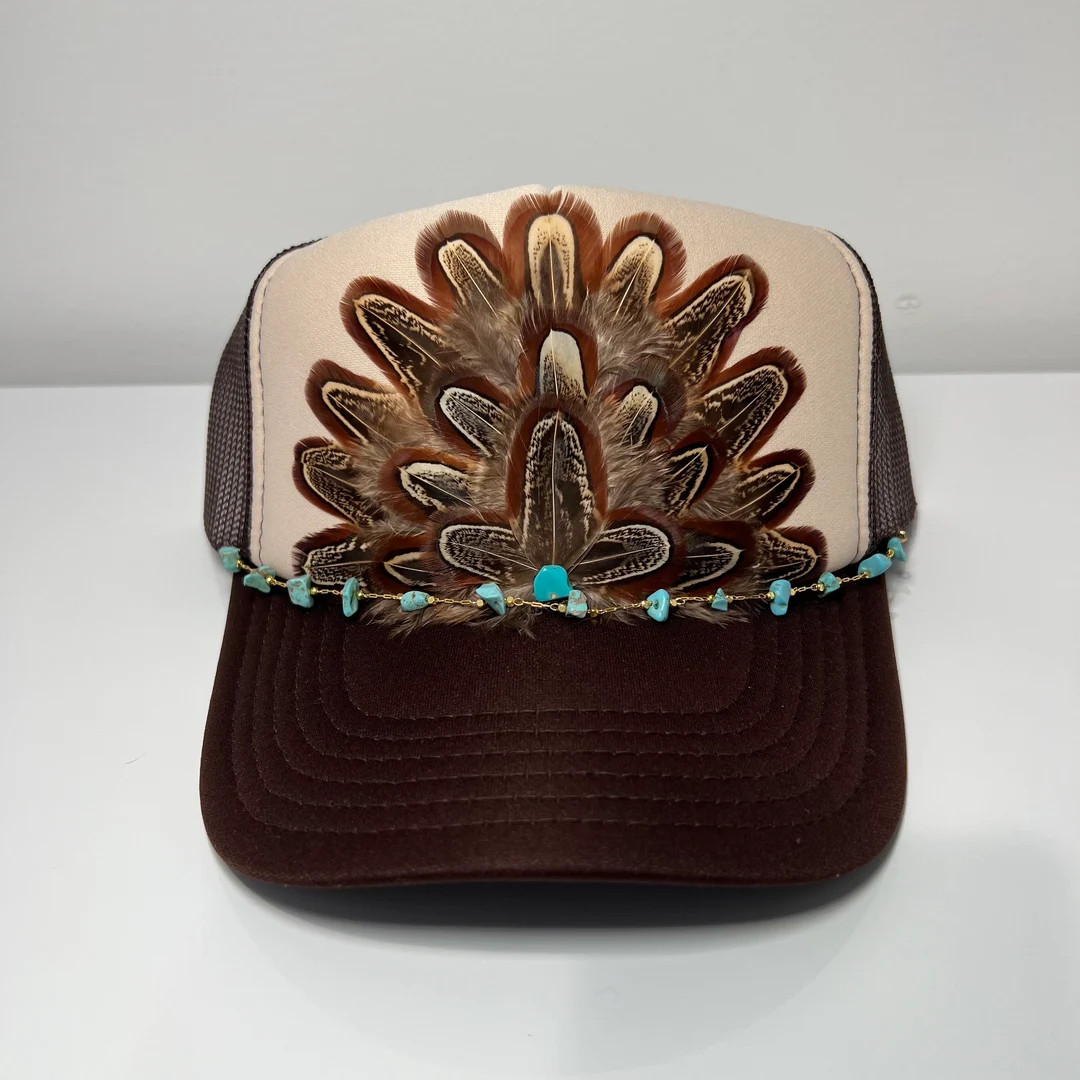 FEATHER Trucker Hat With Turquoise Beaded Hat Chain Stagecoach NFR Hat Two Tone Brown and Tan - E... | Etsy (US)
