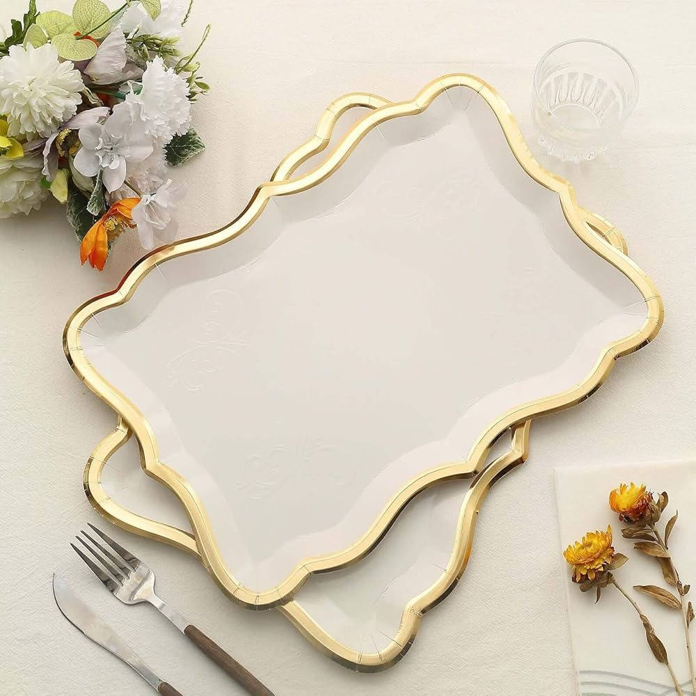 Efavormart 10 Pack | Elegant White/Gold Rim Disposable Serving Trays, Heavy Duty 400 GSM Paper Re... | Amazon (US)