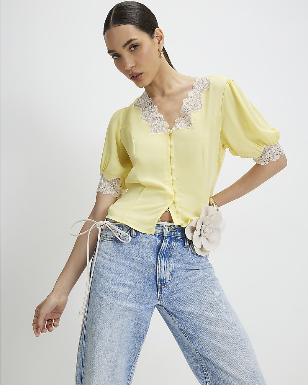 Yellow Lace Trim Blouse | River Island UK & IE