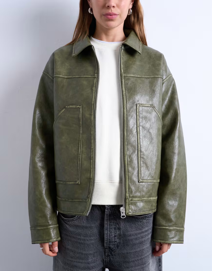 Topshop faux leather zip up jacket with patch pockets in washed green | ASOS (Global)
