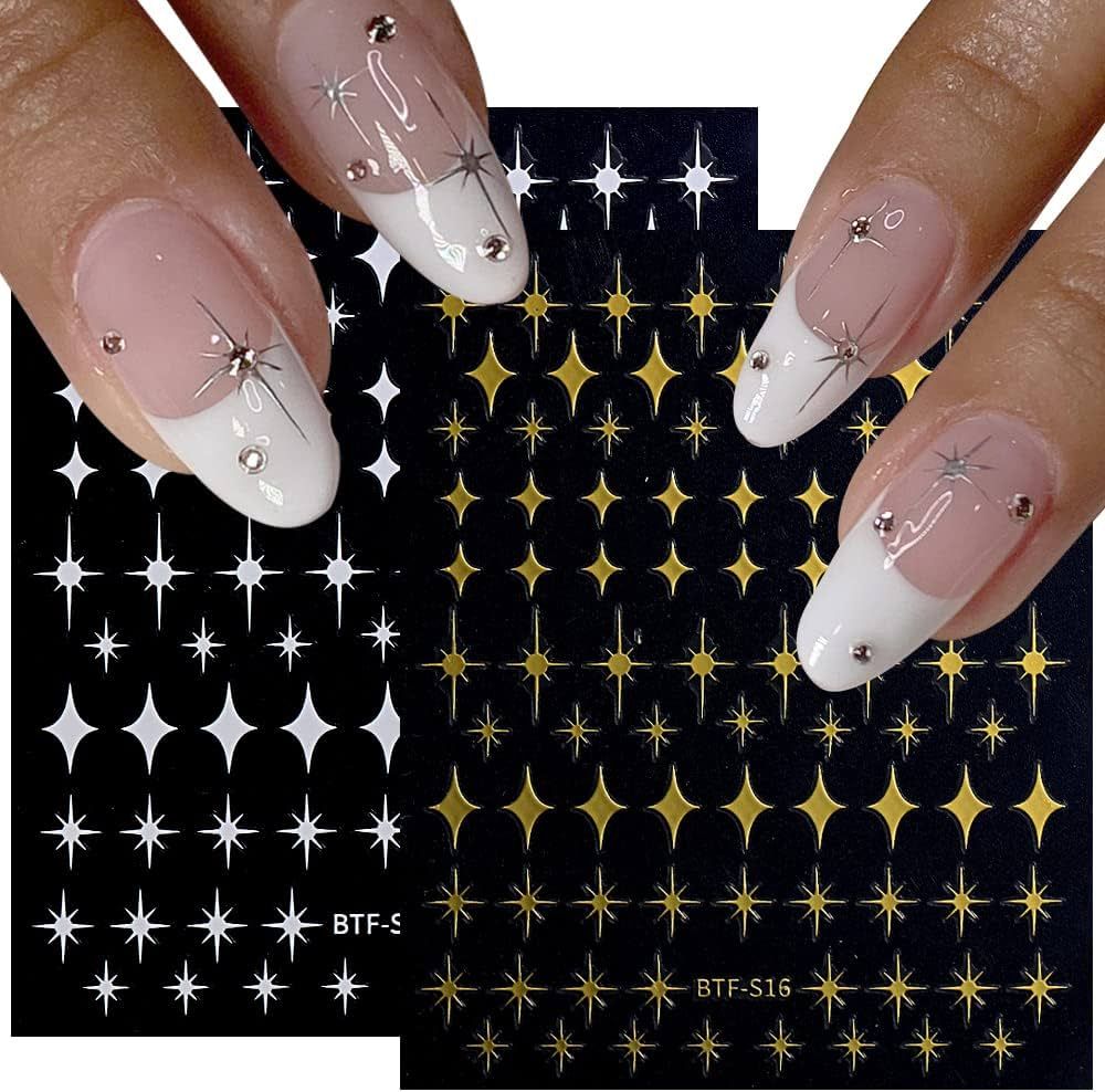 8 Sheets Star Nail Art Stickers Decals Self-Adhesive 3D Nail Art Supplies Gold Silver Black White... | Amazon (US)