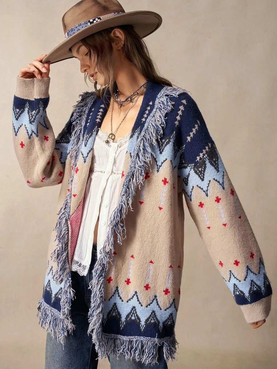 Bohemela Women's Vintage Fair Isle Jacquard Knit Cardigan With Fringe For Autumn/Winter, Perfect For Vacations, Going Out, And Halloween Outfits | SHEIN
