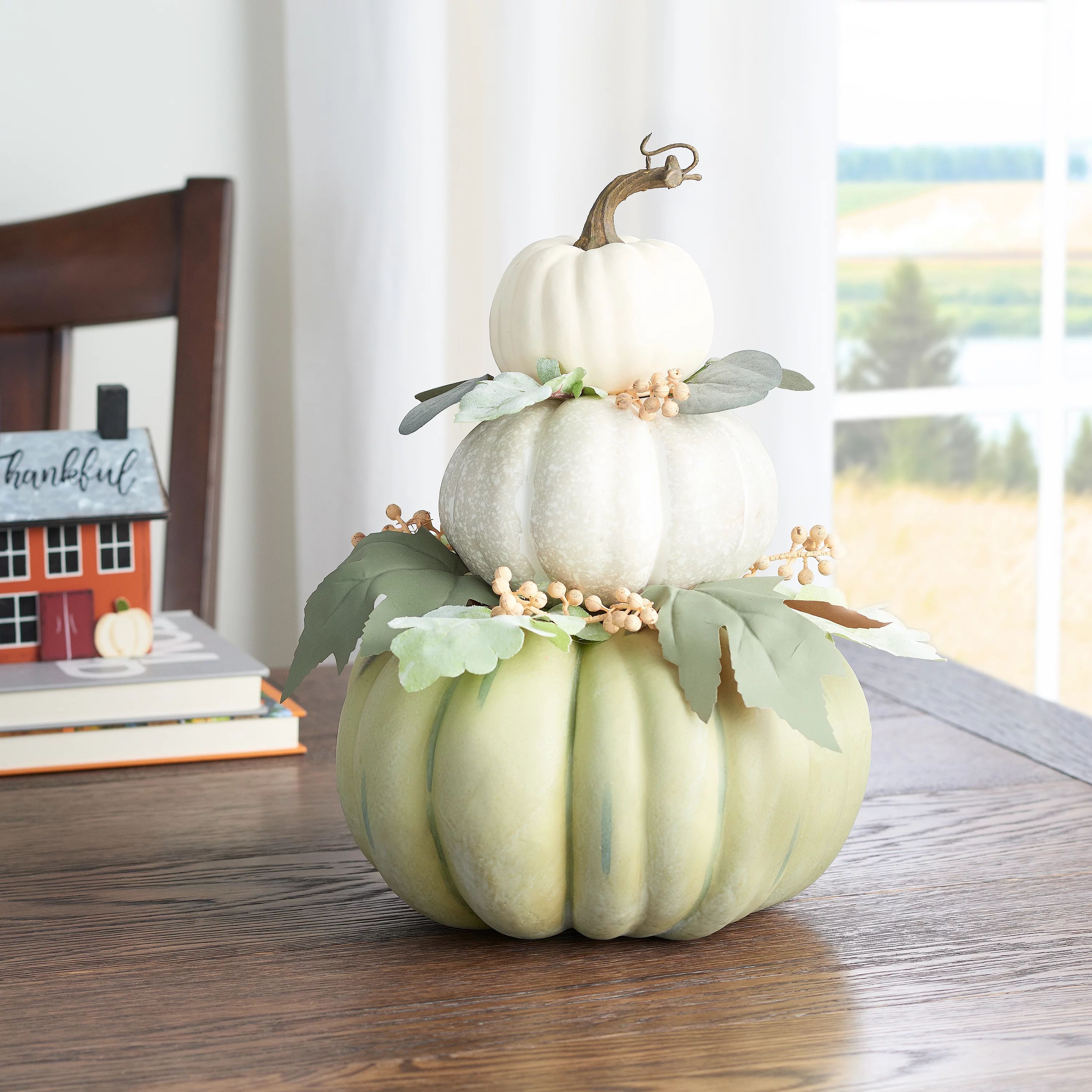 Way to Celebrate Harvest Foam Pumpkin Stack Decoration, Green Color, 14.4" Tall | Walmart (US)