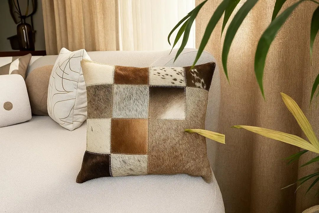 Genuine Patchwork Cowhide Throw Pillow – Natural Tones Decorative Cushion Cover 40x40 Cm - Etsy | Etsy (US)