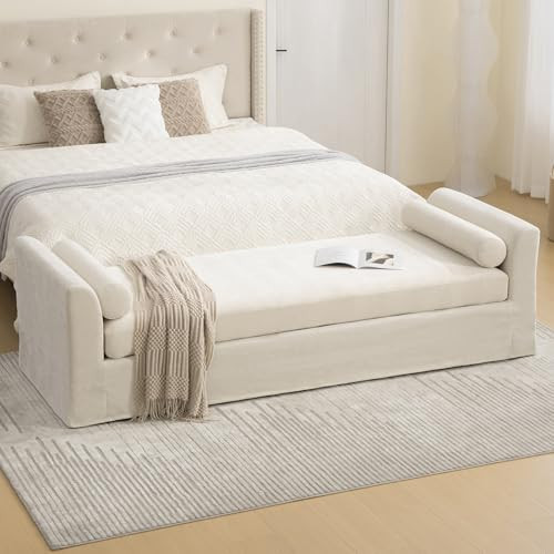 Sudwesto 90.6" Oversize Entryway Bench, Chenille Upholstered Padded Benches with 2 Bolster Pillows, Modern End of Bed Bench with Armrests, Chaise Lounge Couch for Bedroom,Entryway (Beige) | Amazon (US)