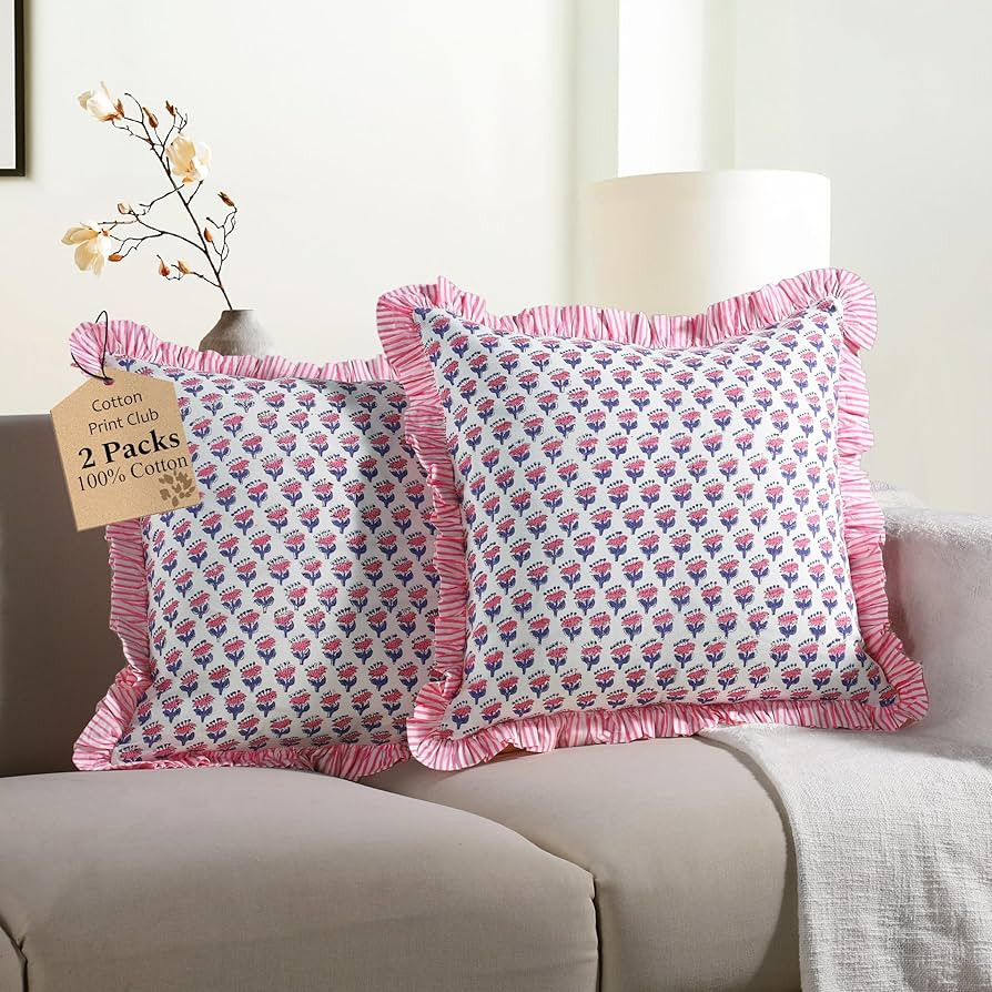 CPC Pink Sapphire Ruffle Throw Pillow Covers for Couch, 20x20 Inch Cotton Stripe Ruffle Couch Pil... | Amazon (US)