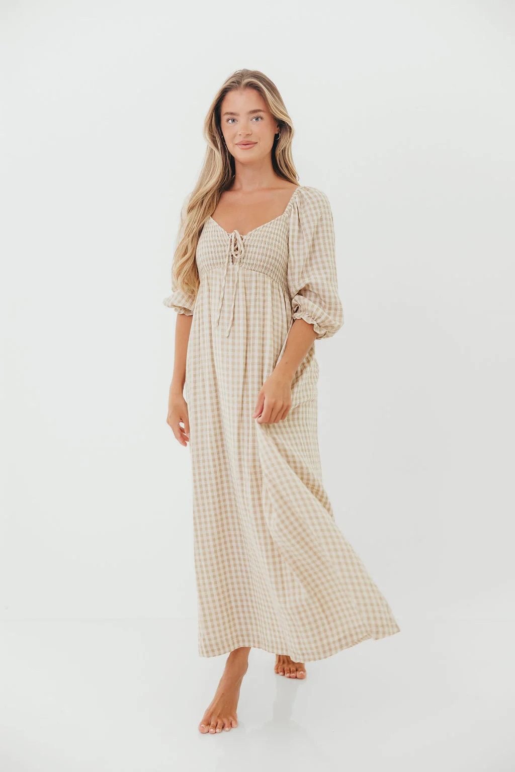 Cecilia 100% Cotton Smocked Maxi Dress in Natural Plaid (Lined) - Bump | Worth Collective