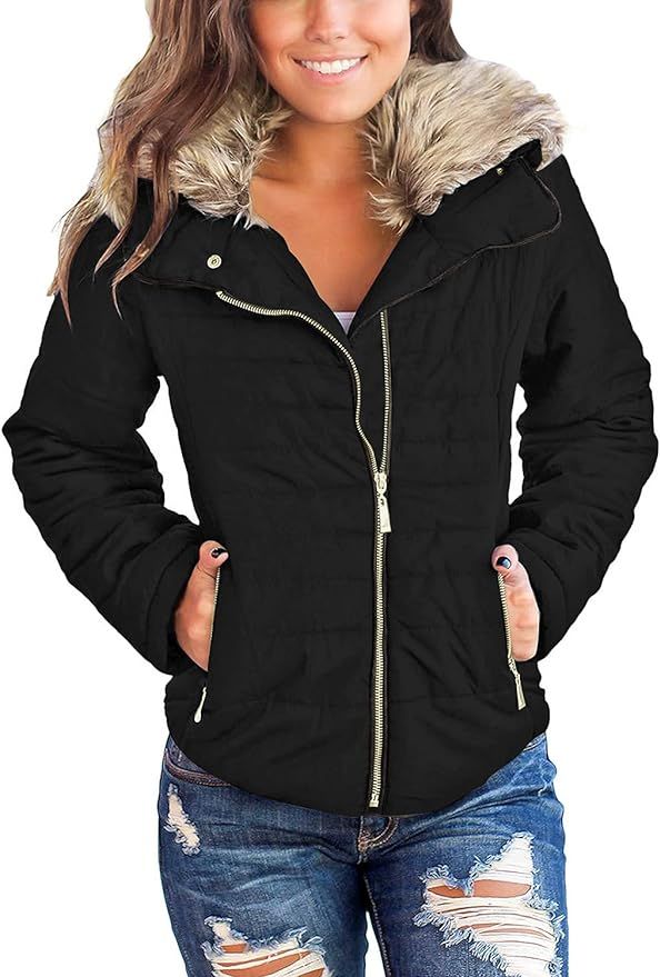 luvamia Women Casual Warm Winter Faux Fur Quilted Parka Lapel Zip Jacket Puffer Coat | Amazon (US)