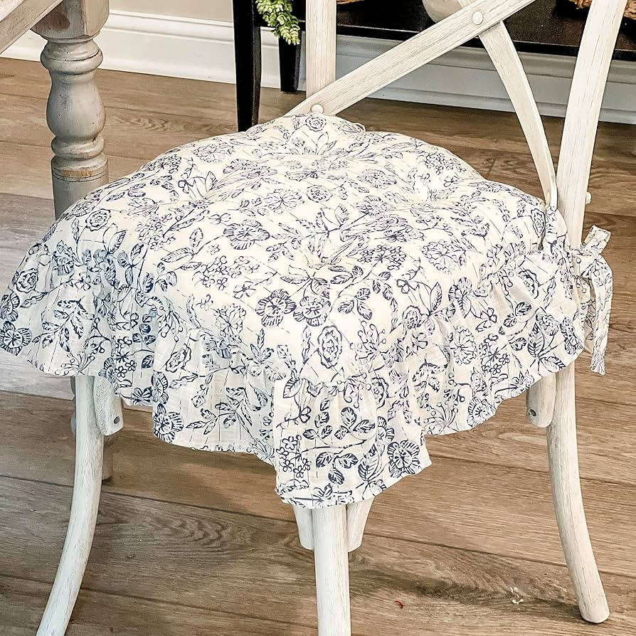 Piper Classics Doylestown Floral Ruffled Chair Pad 16" x 16", Blue & Cream Flower Print, Vintage ... | Amazon (US)
