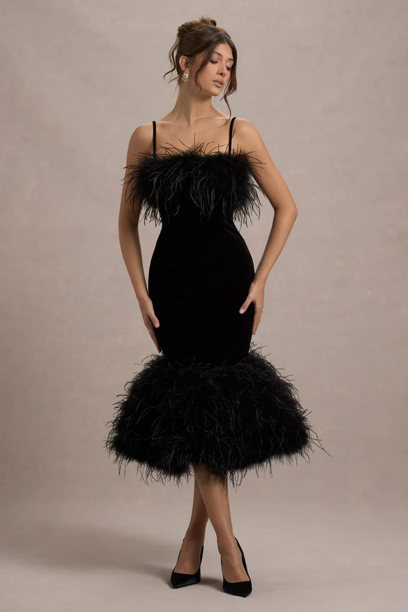 Kalena  Black Velvet Feather Trim Midi Dress | Club L London