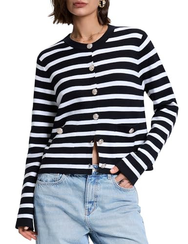 PrettyGuide Womens Striped Cardigan Button Down Long Sleeve Fine Knitted Cropped Cardigan Sweater Black White Striped L | Amazon (US)