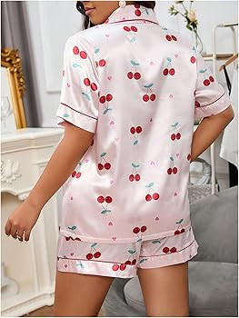 Women's Plus Size 2 Piece Pajama Sets Cherry Printed Pj Set Button Up Shirts with Shorts Lounge S... | Amazon (US)