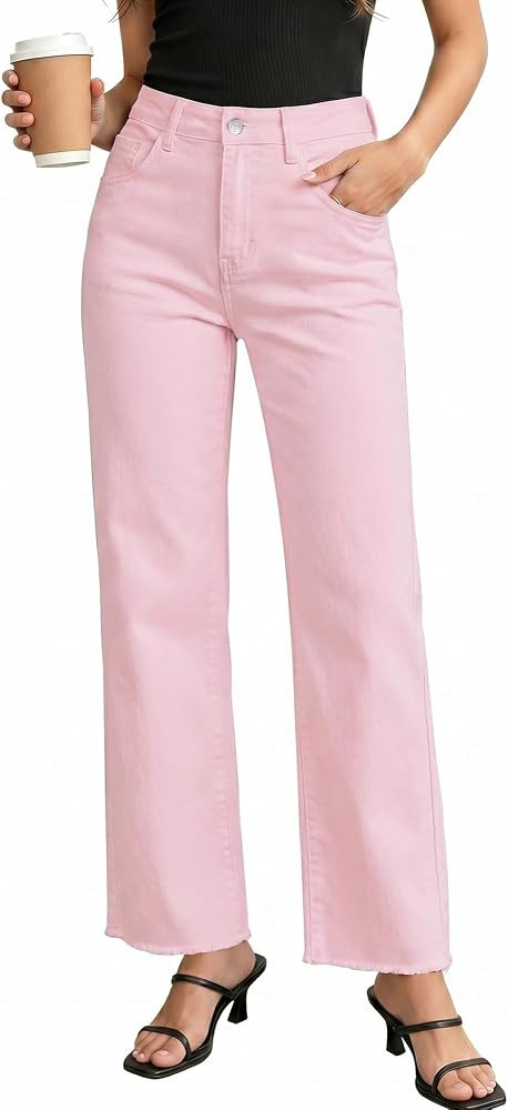 GRAPENT Straight Leg Jeans for Women High Waisted Stretchy Frayed Raw Hem Loose Denim Pants Casua... | Amazon (US)