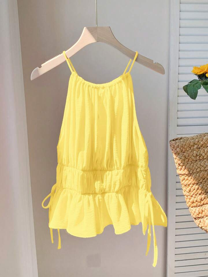 Comfortcana Leichtes Gelbes Neckholder-Top Mit Raffung Für Den Sommer | SHEIN