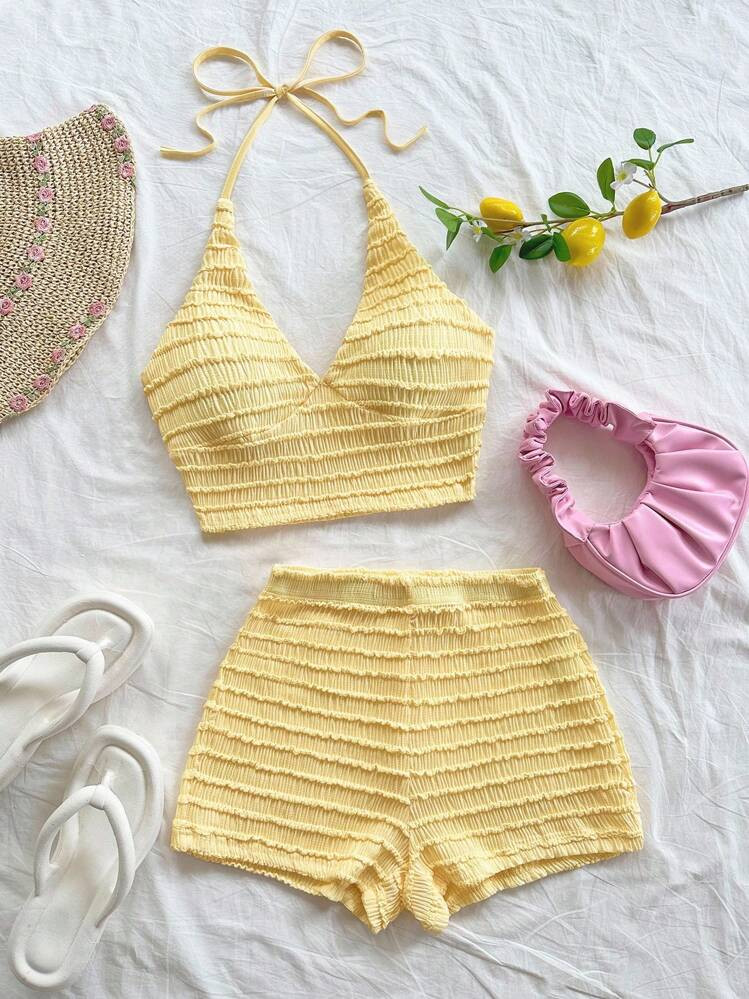 Soleia 2pcs/Set Women Vacation Outfit - Sweet And Cute Romantic Country Style Pale Yellow Texture... | SHEIN