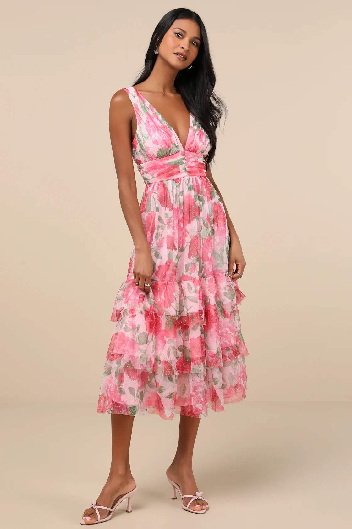 Perfectly Divine Pink Floral Tulle Tiered Ruffled Midi Dress | Lulus