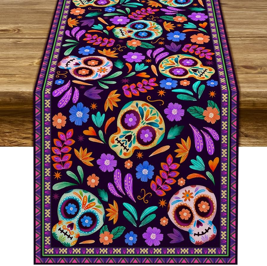 Dia De Los Muertos Table Runner Cinco de Mayo Rustic Linen Mexican Sugar Skull Day of The Dead Al... | Amazon (US)
