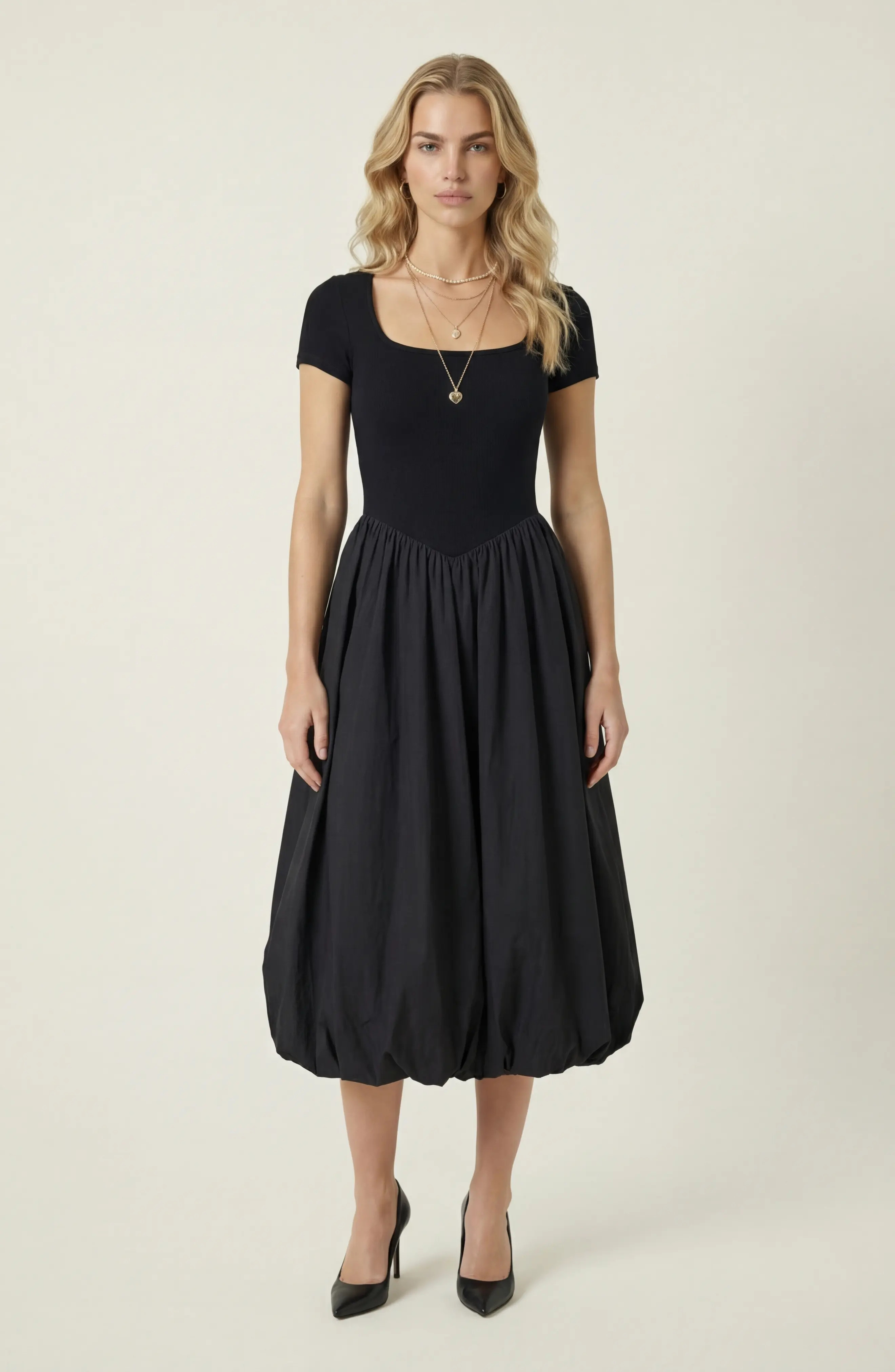 Modenaire Short Sleeve Bubble Hem Midi Dress in Black at Nordstrom, Size Medium | Nordstrom