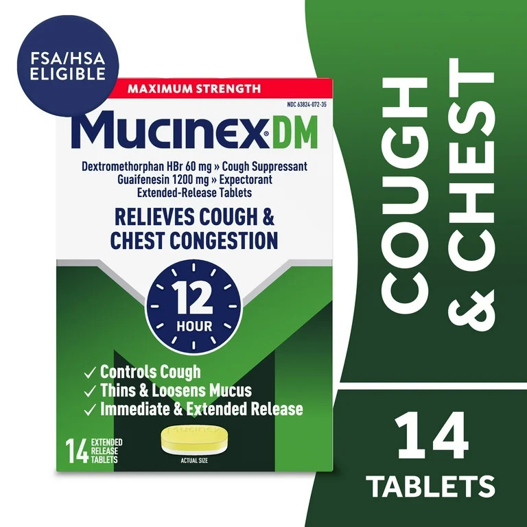 Mucinex DM 12 Hour Max Strength Expectorant & Cough Medicine, Excess Mucus Relief, FSA, 14 Tablet... | Walmart (US)