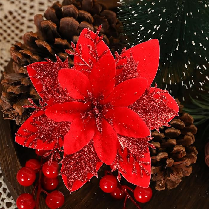 Kisflower 24PCS Poinsettia Artificial Flowers Red Christmas Flower Decorations with Clips and Ste... | Amazon (US)