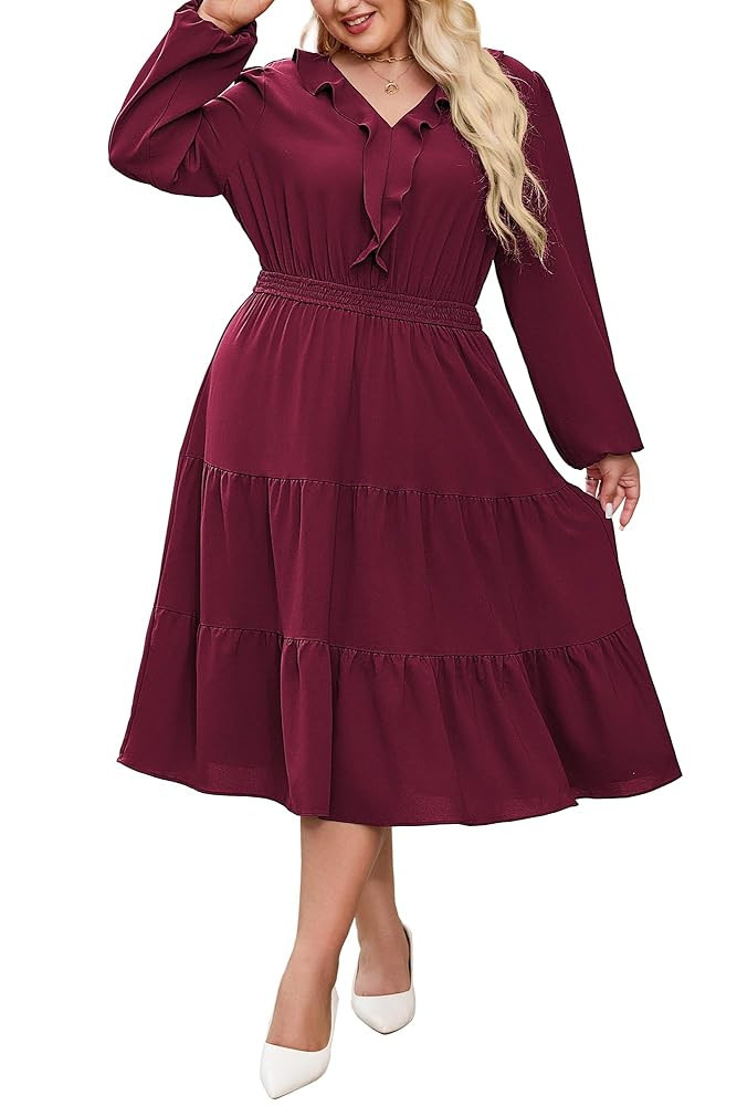 Hanna Nikole Women Plus Size Midi Dress Long Sleeve Ruffle Neck Flowy A Line Wedding Guest Dresse... | Amazon (US)