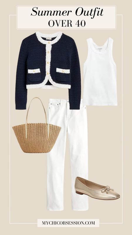 A pair of classic straight-leg white jeans is our base for this look. Keep things cool on top with a high neck white tank. Layer it underneath a cropped lady jacket, and finish the look with a straw tote.

#LTKOver40 #LTKSeasonal #LTKStyleTip