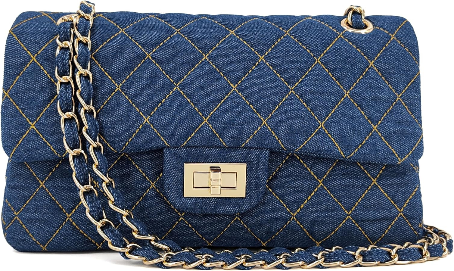 Quilted Denim Crossbody Bags for Women, Chain Strap Shoulder Bags, Medium Double Flap Purse, Gold... | Amazon (US)