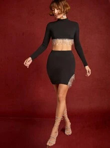 Hauture Rhinestone Fringe Crop Top & Skirt Two Pieces Set | SHEIN