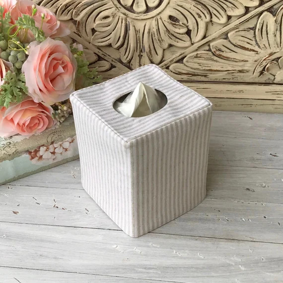 Tan and natural colored stripe linen reversible tissue box cover | Etsy (US)