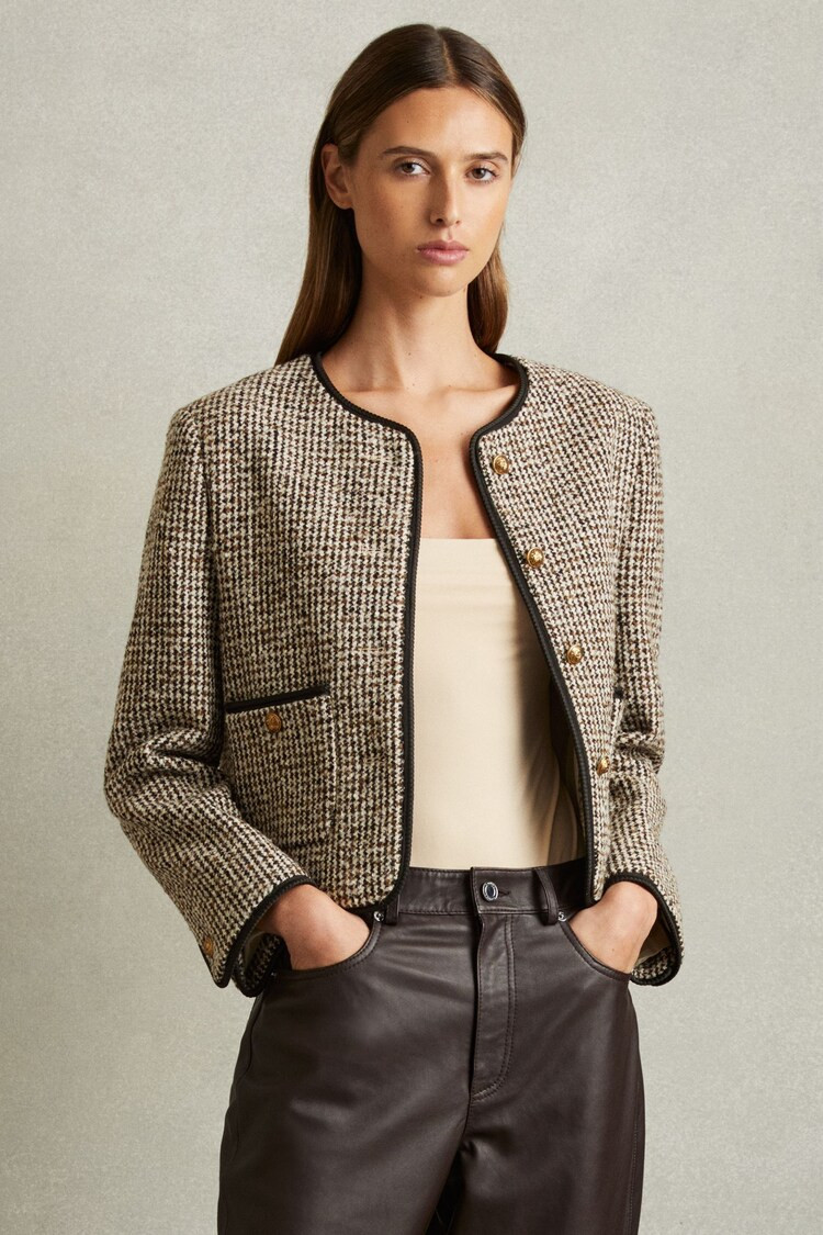 Buy Reiss Brown Luna Cropped Wool Blend Tweed Jacket from the Next UK online shop | Lipsy
