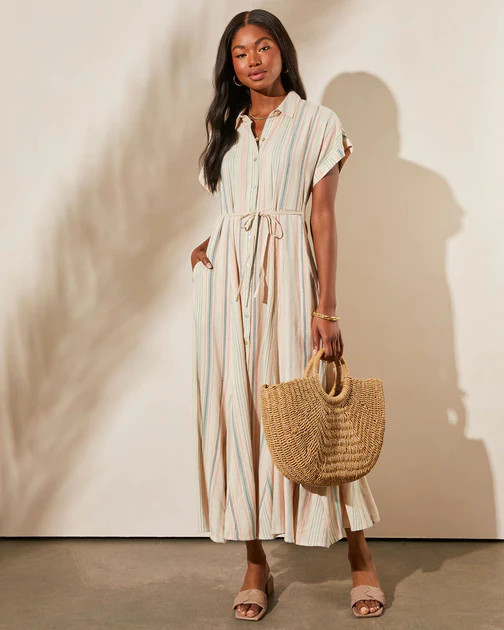 Sierra Vista Striped Button Down Maxi Dress - Tan - SALE | VICI