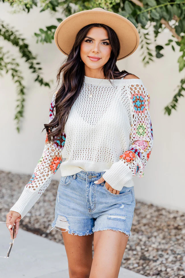 A Wonderful Life Ivory Multi Crochet Sleeve Sweater | Pink Lily