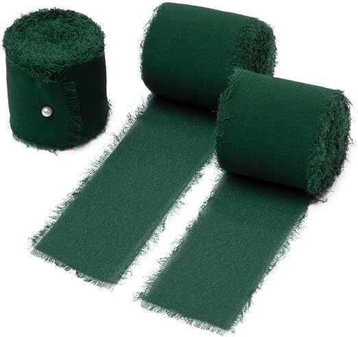 DORIS HOME 3 Rolls 2" x 7Yd Handmade Fringe Chiffon Silk Ribbon Dark Green, Frayed Edges Ribbon f... | Amazon (US)