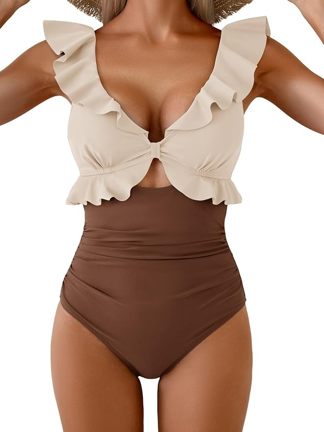 Women's One Piece Swimsuit Tummy Control Ruffle Bathing Suit V Neck Ruched Swim Suit Slimming Cut... | Amazon (US)