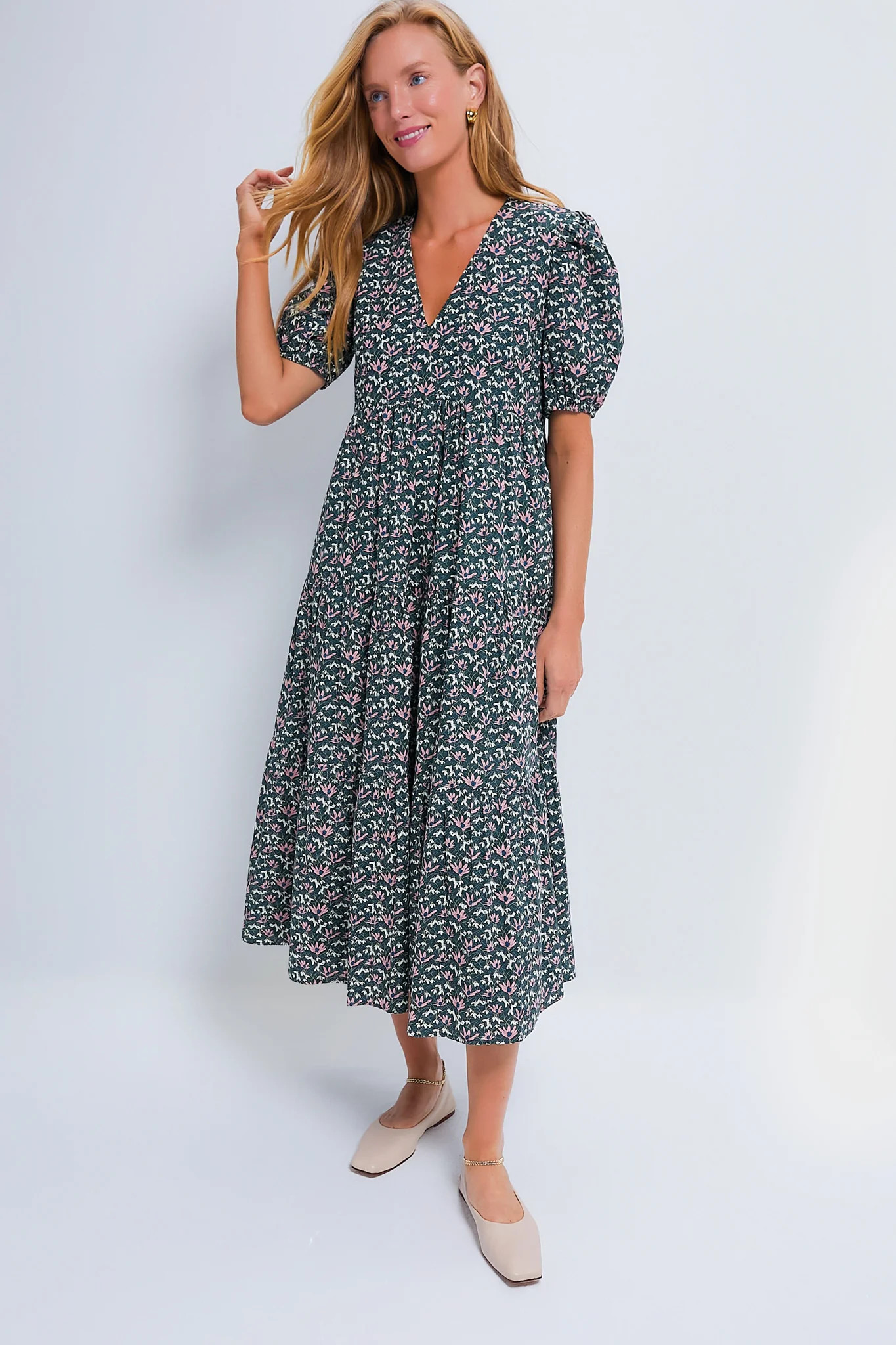 Green & Pink Floral Tiered Sadie Midi Dress | Tuckernuck (US)