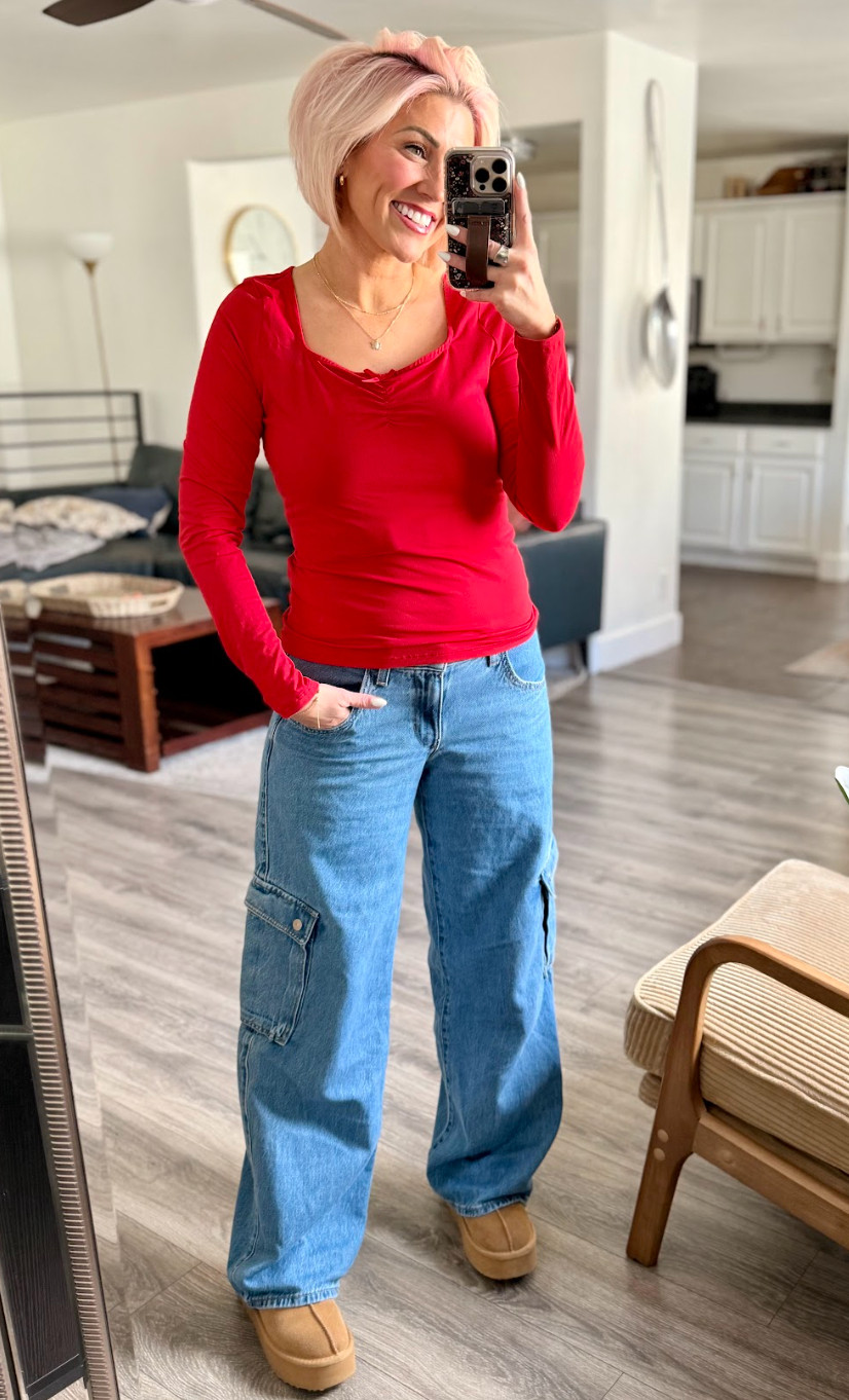 Red top + blue jeans = perfect match!  Jeans: 28 // Top: Medium // Shoes: TTS 

 #LTKootd #LTKSaleAlert