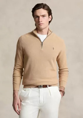 Polo Ralph Lauren Men's Mesh Knit Cotton Quarter Zip Sweater, Brown, Large | Belk