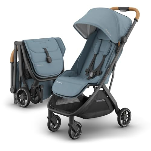 UPPAbaby Minu V3 Travel Stroller | Lightweight + Compact Design | One-Hand Fold + Unfold | from Birth + Overhead Compatible | Dillan (Stone Blue/Carbon Frame/Sand Leather) | Amazon (US)
