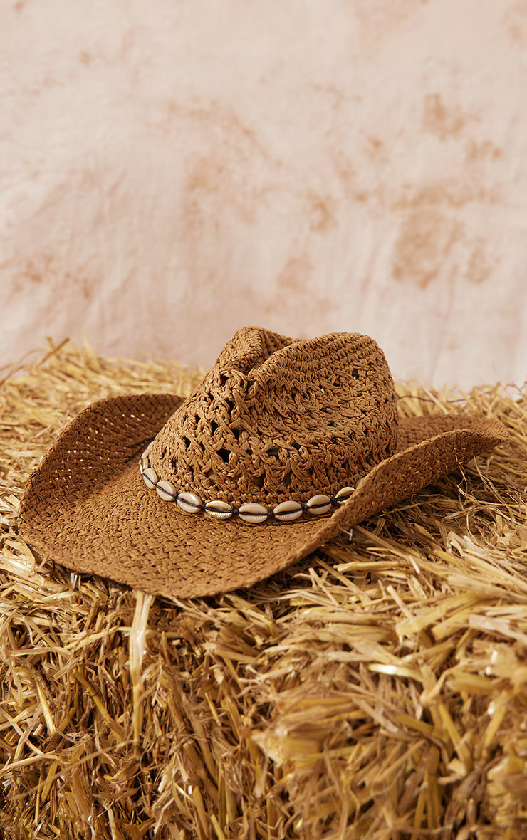 Natural Weave Shell Detail Cowboy Hat | PrettyLittleThing UK