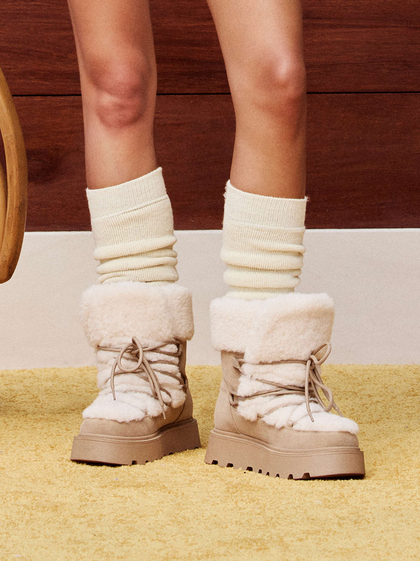 LACE-UP FAUX SUEDE & FUZZY ANKLE BOOTS For School Daily Casual Outdoor | Cider