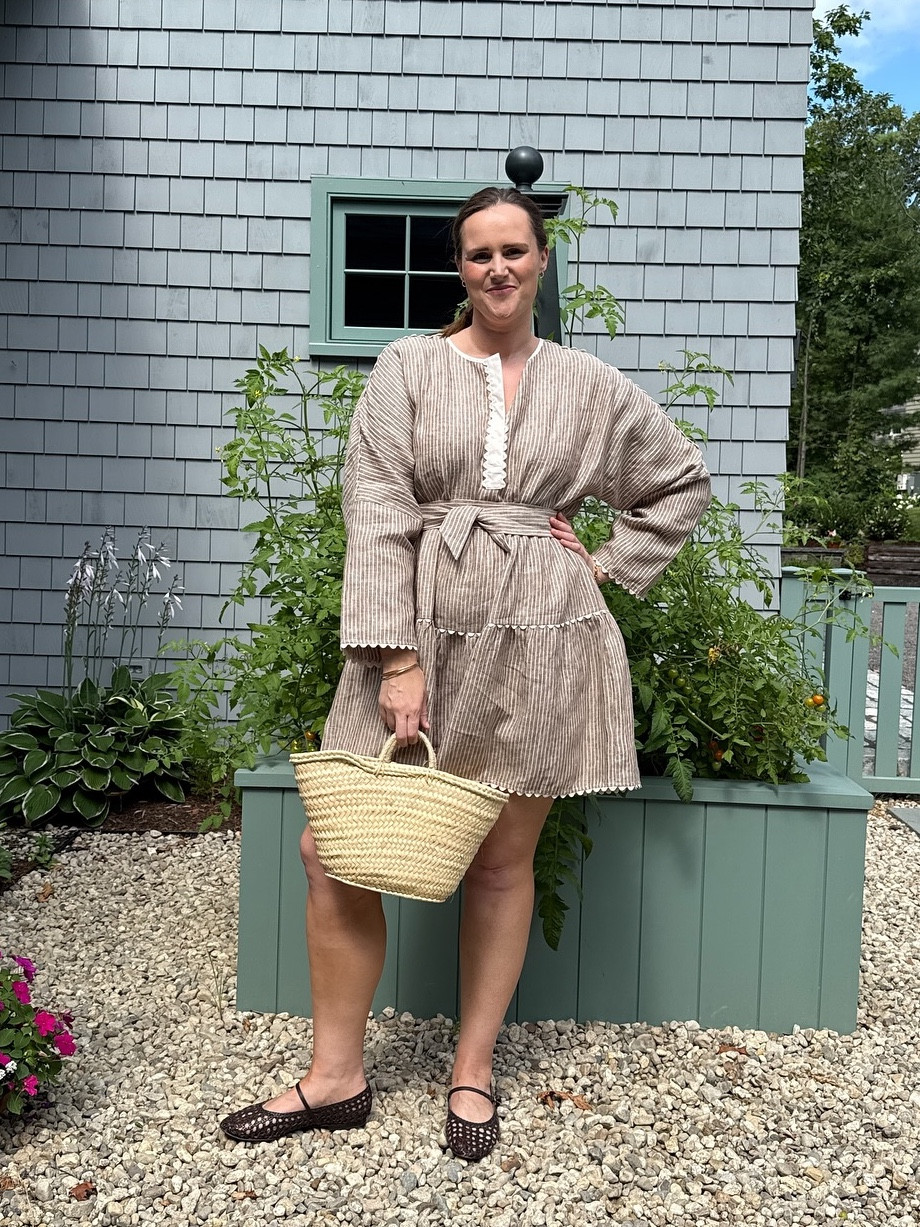 This brown linen stripe fabric and the ric rac trim: love! 🤎 I feel like this dress is the perfect solution to being ready for fall clothes but also realizing that it is still very much Summer. 

• Brown Stripe Linen Tobi Mini Dress from @tuckernuck // I sized up one size (to a XXL) to get some extra length but I didn’t need to size size, so I’d take your true size. 
• Brown Woven Demi Jane Flats from @margauxny // true to size and so comfortable! 
• Raffia Bag from @serendipitiesco

#LTKPlusSize #LTKMidsize #LTKSeasonal