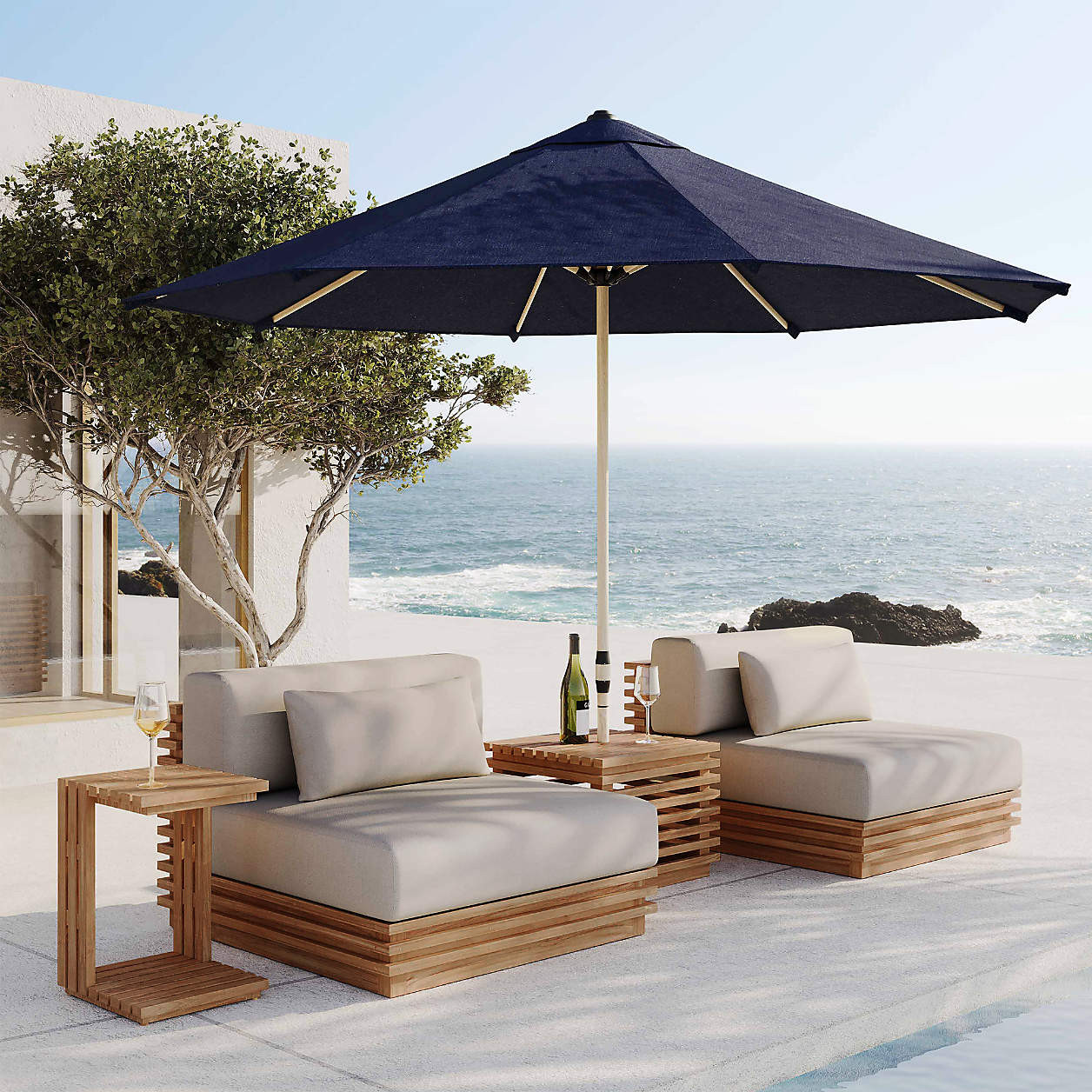 Batten 83" Natural Teak Outdoor Loveseat with Oat Cushions | Crate & Barrel | Crate & Barrel