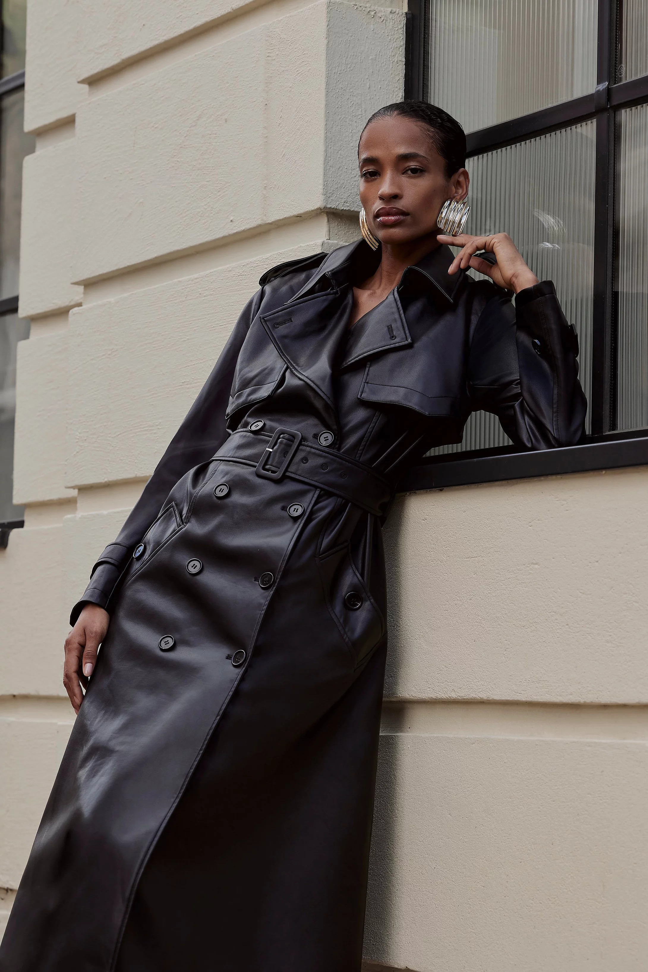 Tailored Faux Leather Belted Trench Coat | Karen Millen | Karen Millen UK + IE + DE + NL