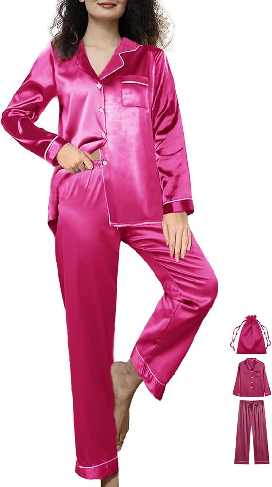 3Pcs Womens Silk Pajamas Set XS-3XL Satin Pajama Sets Silky Pjs Set Long Sleepwear Pj Sets Lounge... | Amazon (US)