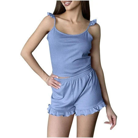 Two Piece Sets for Women Spring Sleeveless Round-Neck Blouses & Shirts Sets Women 2 Piece Outfit Set Sleeveless Tops Short Pants Nightshirt Homewear Pajamas Womens 2 Piece Pants Sets Blue m | Walmart (US)