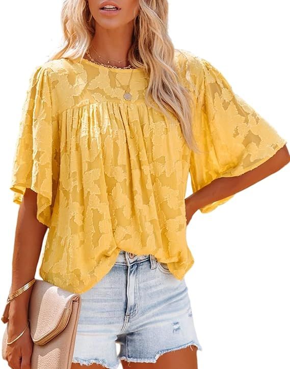 Dokotoo Womens 3/4 Bell Sleeve Blouse Summer Crewneck Lace Tops Floral Textured Babydoll Shirts | Amazon (US)