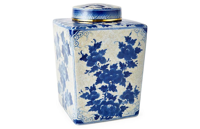 11" Floral Jar w/ Lid, Blue/White | One Kings Lane